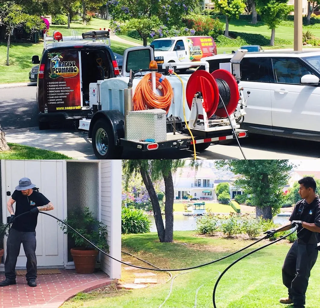 AAA Paradise Plumbing & Rooter van and hydro-jetting trailer on a residential job in Ventura, CA