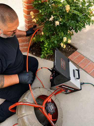 AAA Paradise Plumbing technician operating sewer-line camera inspection equipment to locate a hidden leak at a Ventura, CA home